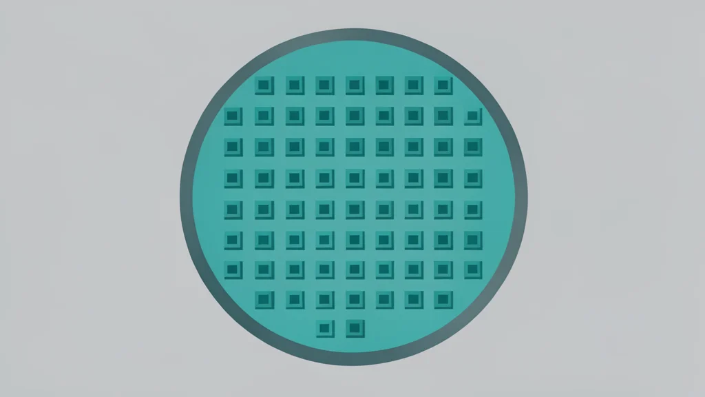 A close-up view of a silicon wafer with a grid of square chips