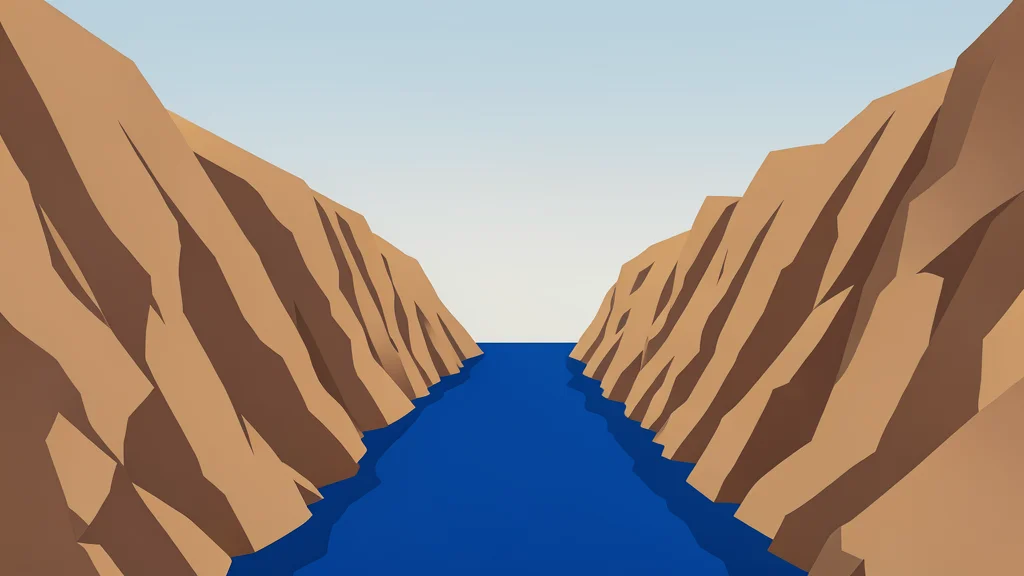 A narrow, deep blue waterway flanked by steep, arid rocky cliffs under a hazy sky