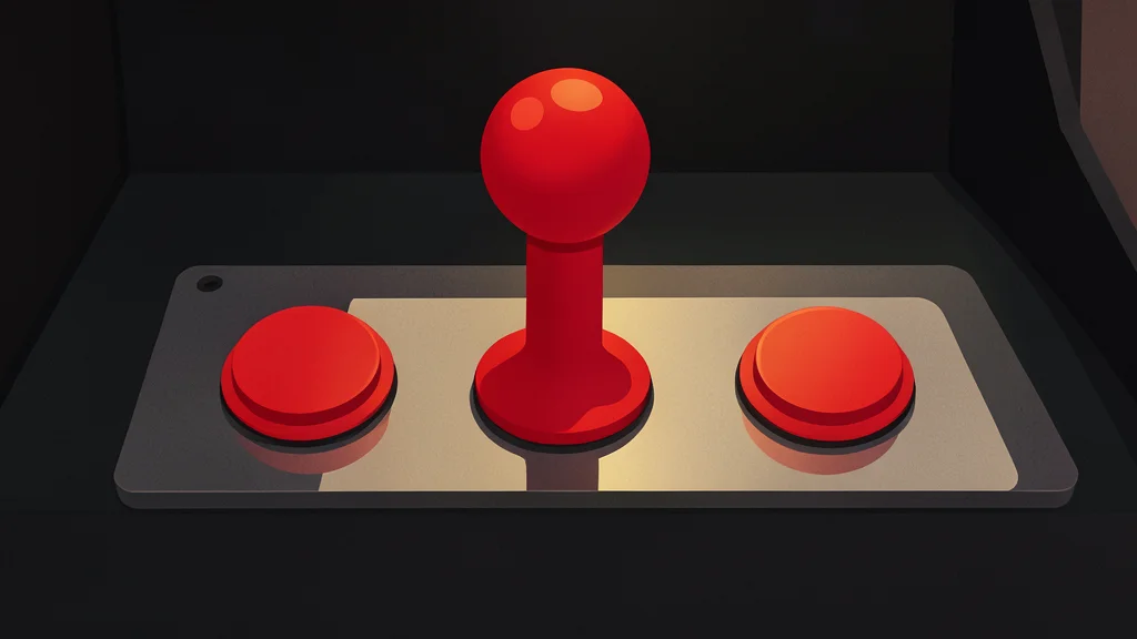 A vintage arcade cabinet with a glowing screen and colorful joystick controls