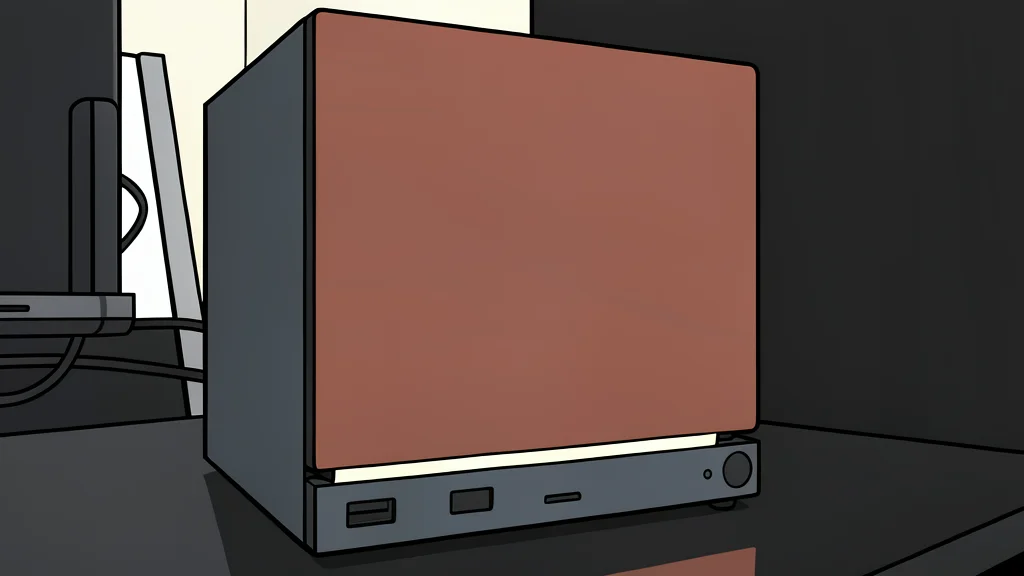 A compact black gaming console box sitting on a wooden shelf next to a small memory card