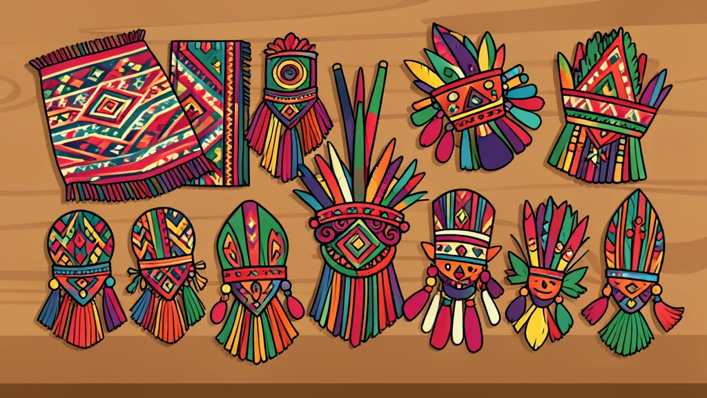 A diverse group of traditional woven textiles and ceremonial headdresses arranged on a wooden table