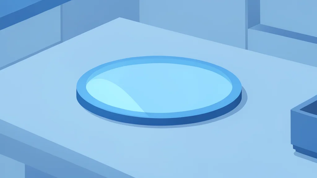 A close-up view of a silicon wafer resting on a cleanroom table, reflecting soft blue light.