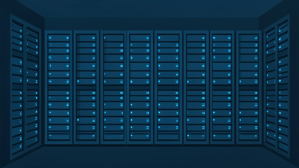 A dense cluster of glowing server racks in a dark room