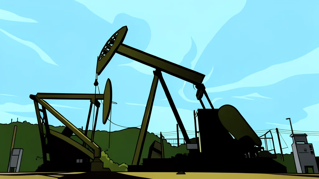 A large industrial oil pumpjack operating in a flat, arid landscape under a clear sky
