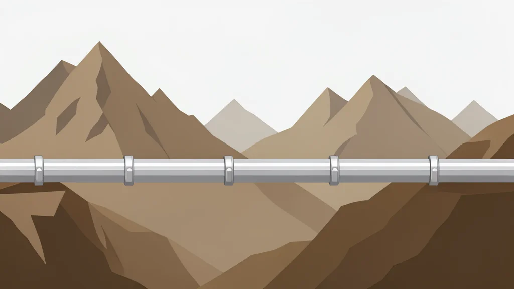 A long, metallic pipeline running through a rugged, mountainous landscape