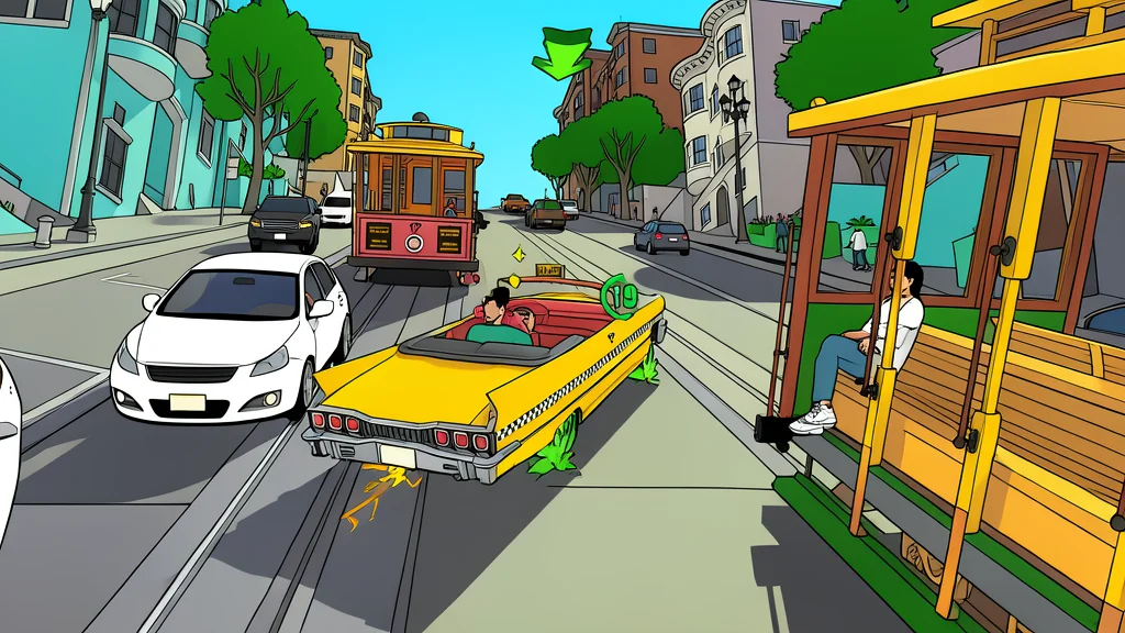 A yellow taxi speeding through a city intersection with motion blur