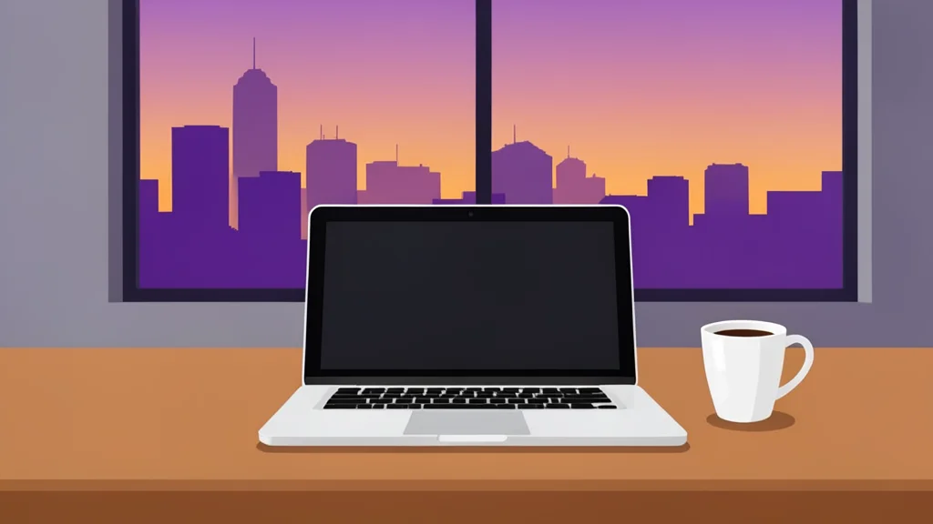 A modern office desk with a laptop and coffee cup overlooking a city skyline at dusk