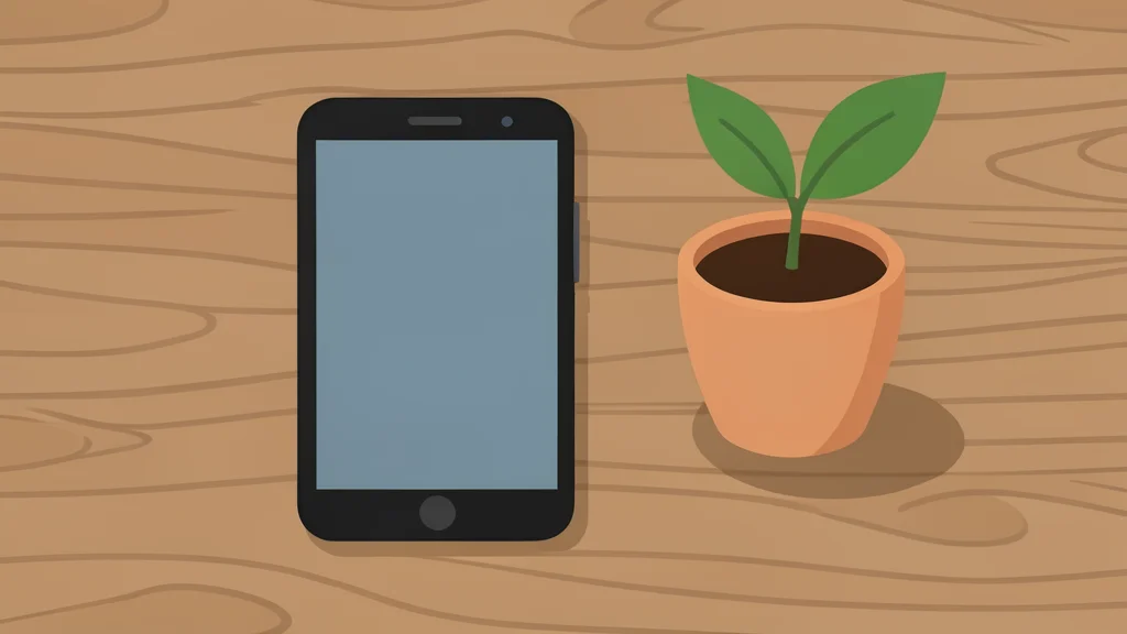 A stylized smartphone resting on a wooden desk next to a small potted plant