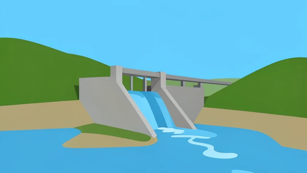 A small hydroelectric dam structure with water flowing over a concrete spillway into a river basin