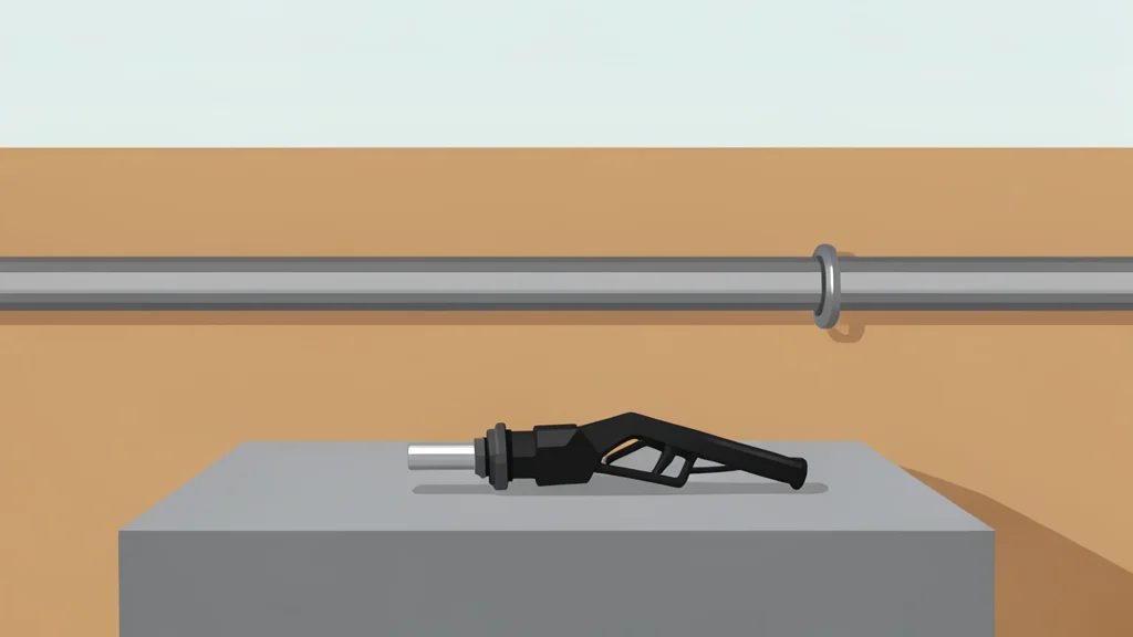 A fuel pump nozzle resting on concrete next to a pipeline in a desert
