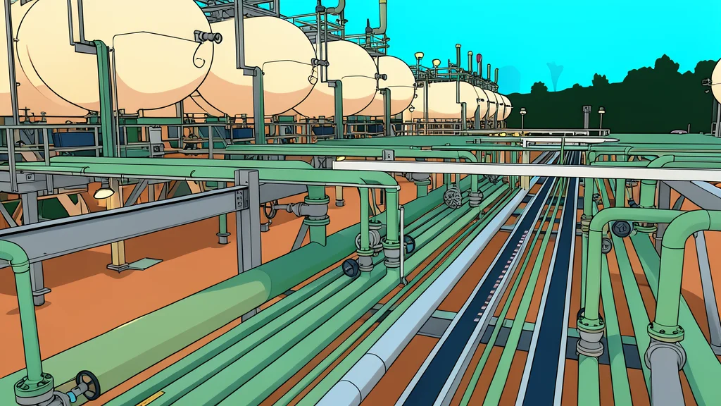 A large industrial gas storage facility with cylindrical tanks and piping infrastructure