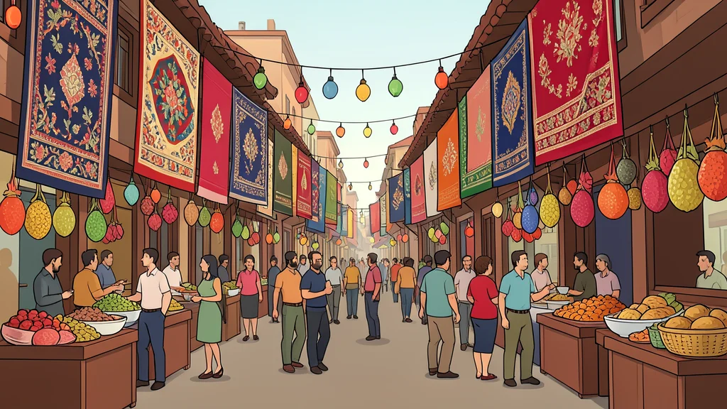 A crowded traditional bazaar scene featuring hanging carpets and spice stalls.
