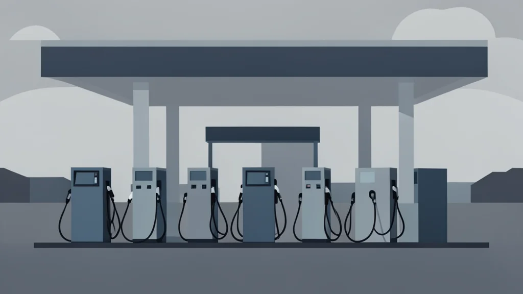 A row of fuel pumps at a service station under an overcast sky