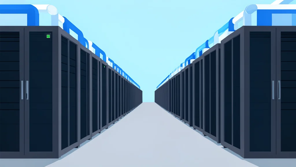 A wide-angle view of a modern data center hall with rows of server racks and cooling units.