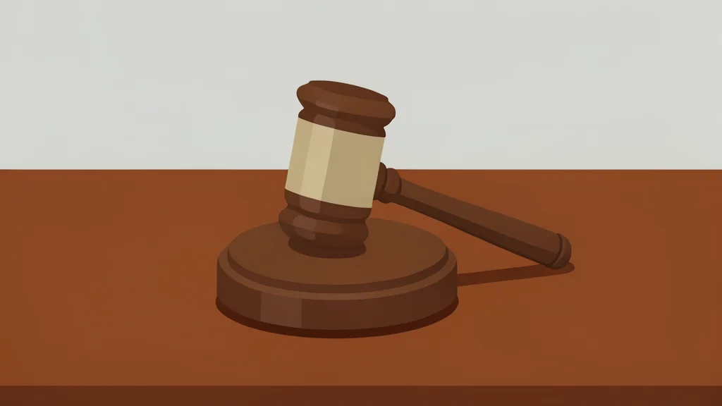 A wooden gavel resting on a polished mahogany desk surface
