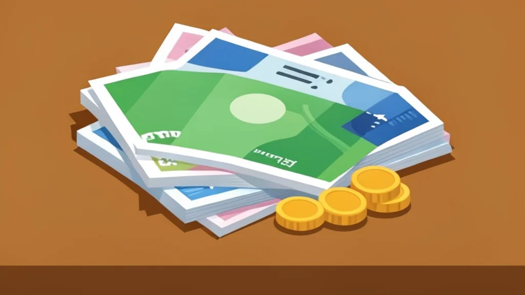 A stack of various foreign banknotes and coins resting on a wooden desk