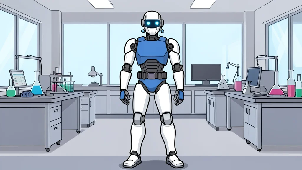 A flat-vector illustration of a humanoid robot standing in a laboratory setting with abstract geometric shapes in the background.