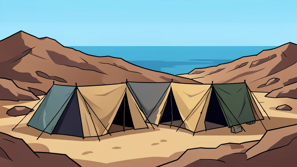 A makeshift camp of tents and tarps set against a rugged, arid landscape with a distant view of the sea