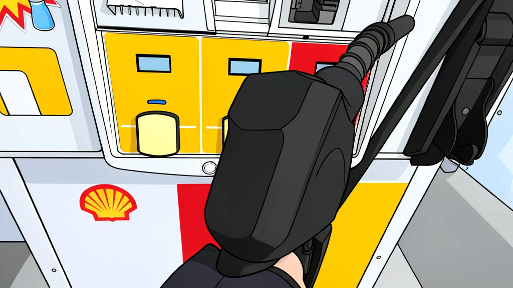 A fuel pump nozzle resting on a concrete surface next to a row of parked cars