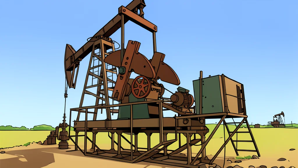 A steel oil derrick standing alone in a flat, open landscape under a clear sky