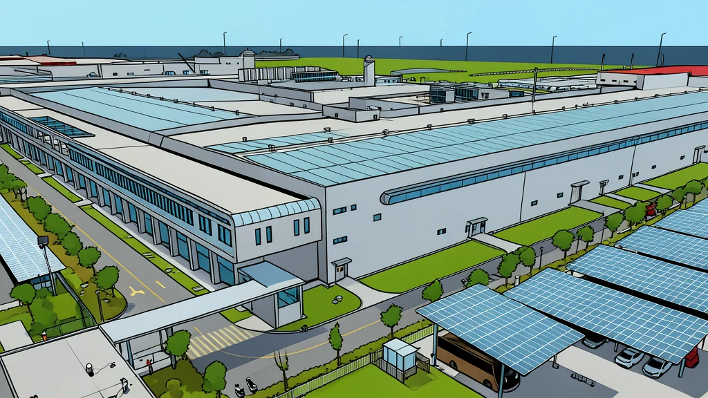 A large industrial warehouse interior with rows of heavy-duty electric buses parked in a line