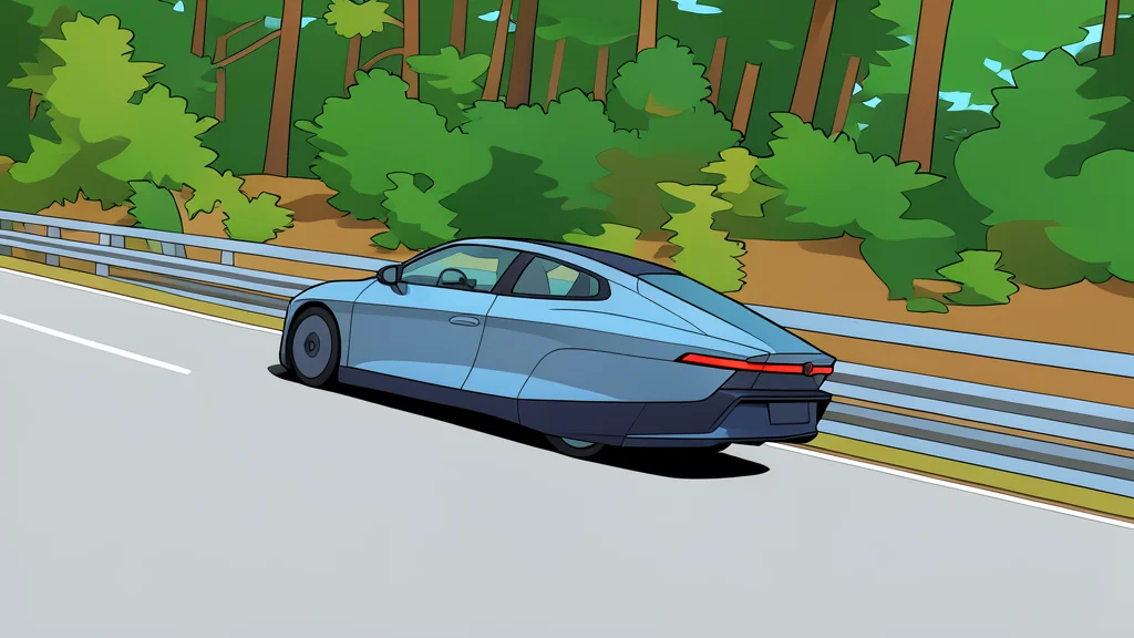 A sleek, aerodynamic electric car with a smooth, rounded body shape parked on a quiet road
