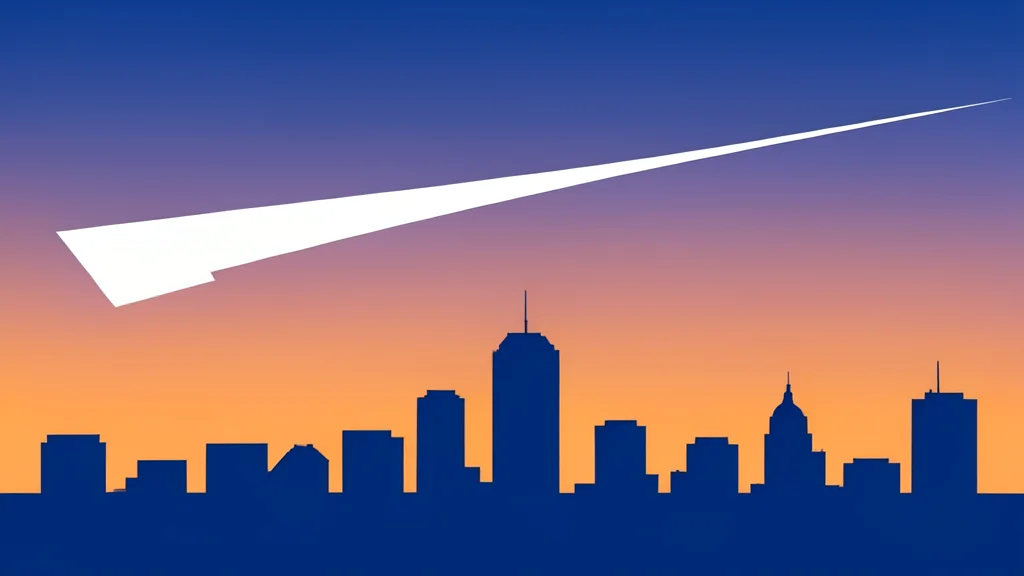 A silhouette of a city skyline at dusk with a single airplane contrail crossing the sky