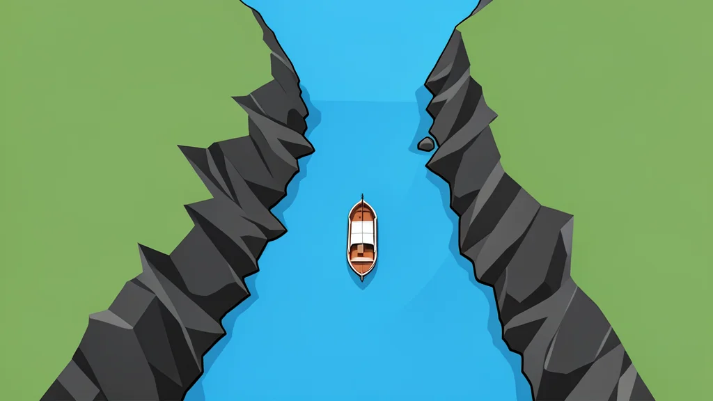 A narrow, rocky strait connecting two large landmasses with a single ship navigating through the water