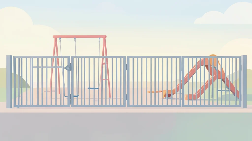 A row of closed school gates and empty playground equipment in the early morning light
