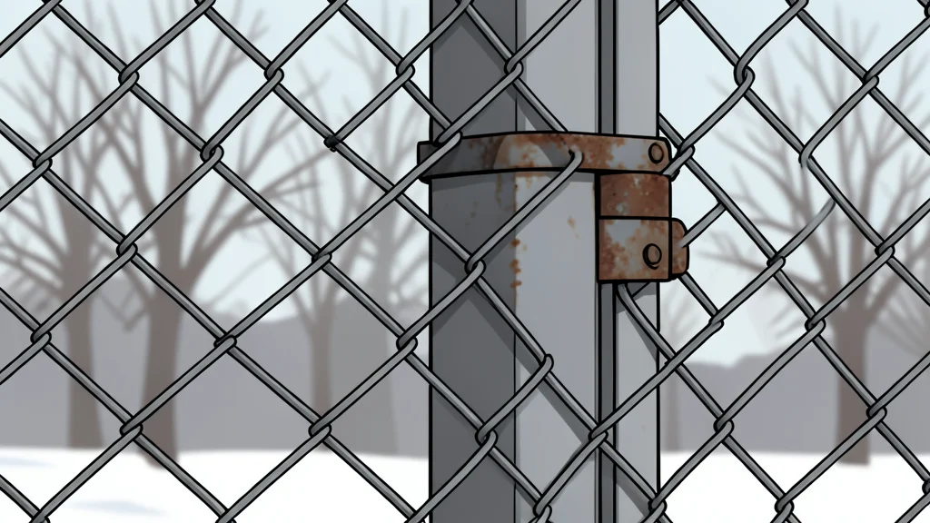 A chain-link fence stretching across a flat, grey winter landscape under an overcast sky