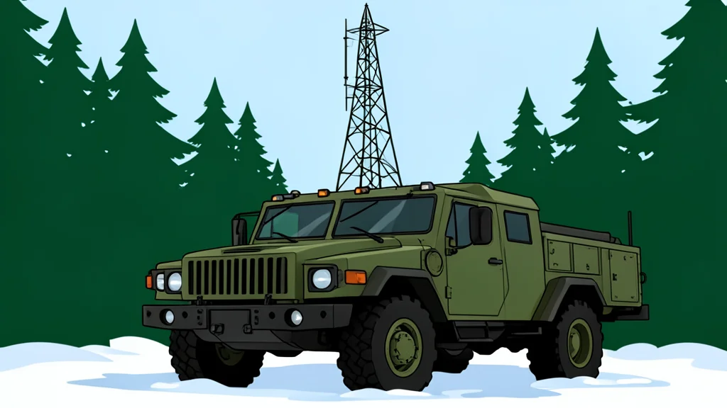 A rugged vehicle chassis carrying a radar antenna array positioned in a forest clearing.