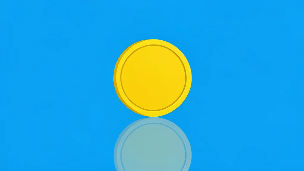 A digital coin resting on a smooth, reflective surface