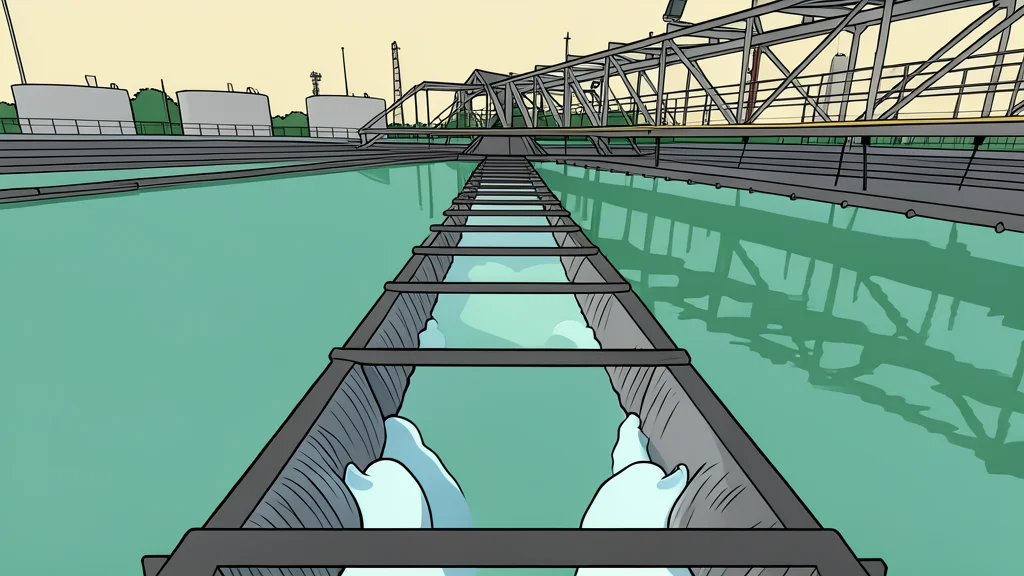 A large industrial water treatment facility with circular concrete basins and metal piping infrastructure