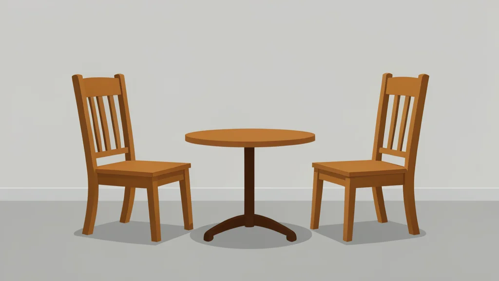 Two simple wooden chairs facing each other across a small round table in a neutral room