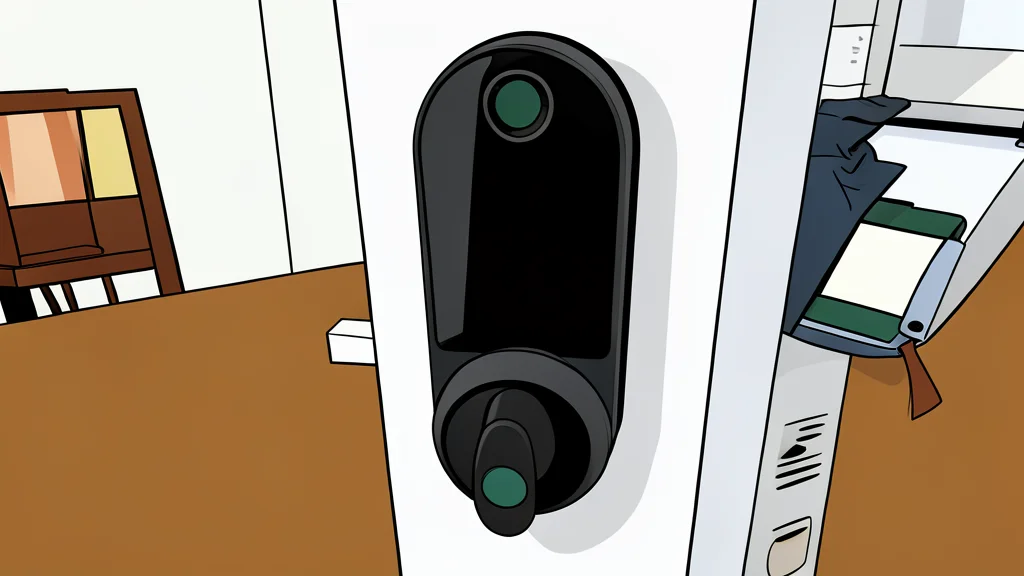 A flat-vector illustration of a modern electronic door lock with a keypad and fingerprint sensor, set against a neutral background.