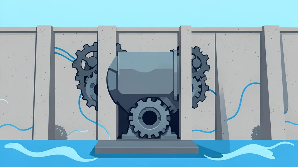 A large industrial turbine housing situated within a concrete dam structure