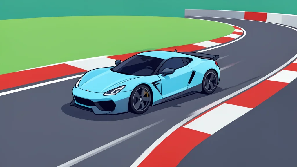 A sleek, low-profile racing car speeding along a curved asphalt track with red and white curbing on the side