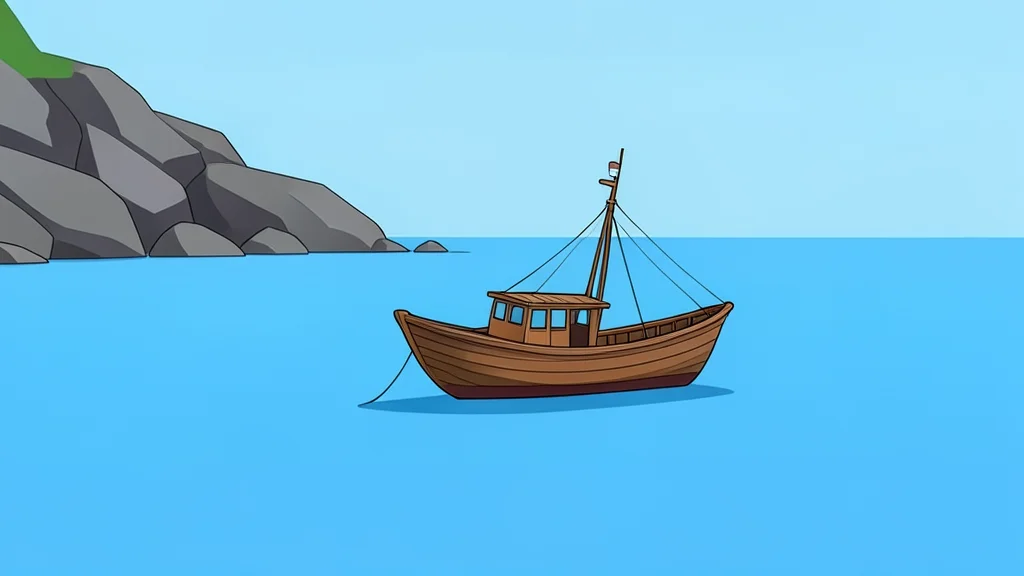 A small wooden fishing boat floating on calm blue sea water near a rocky coastline