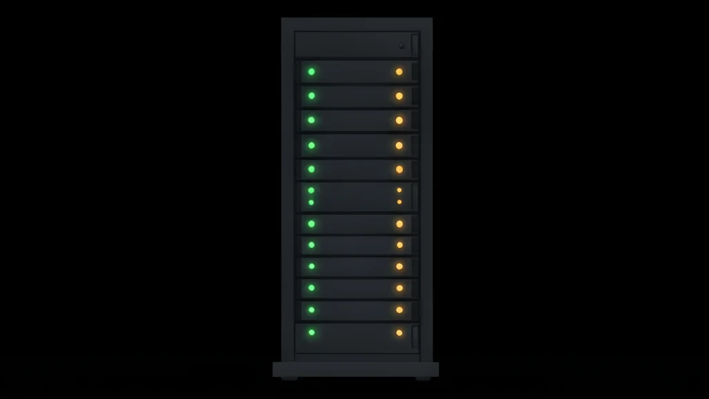 A server rack with blinking status lights in a dark room