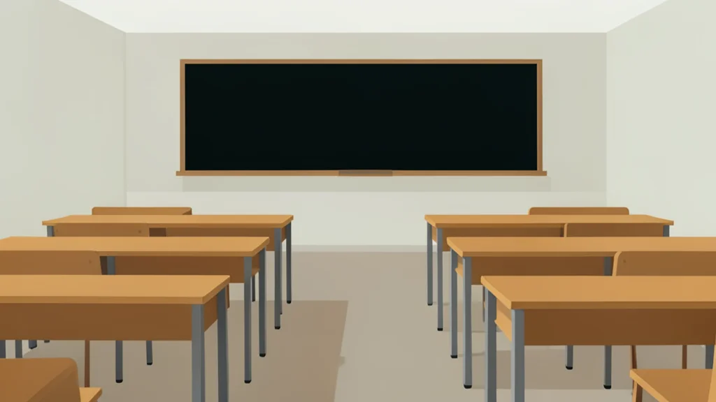 A quiet university lecture hall with rows of empty wooden desks and a large blackboard