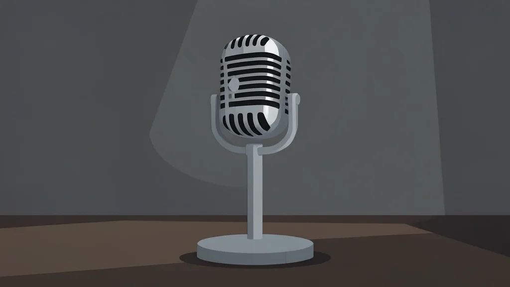 A vintage microphone on a stand in a dimly lit room