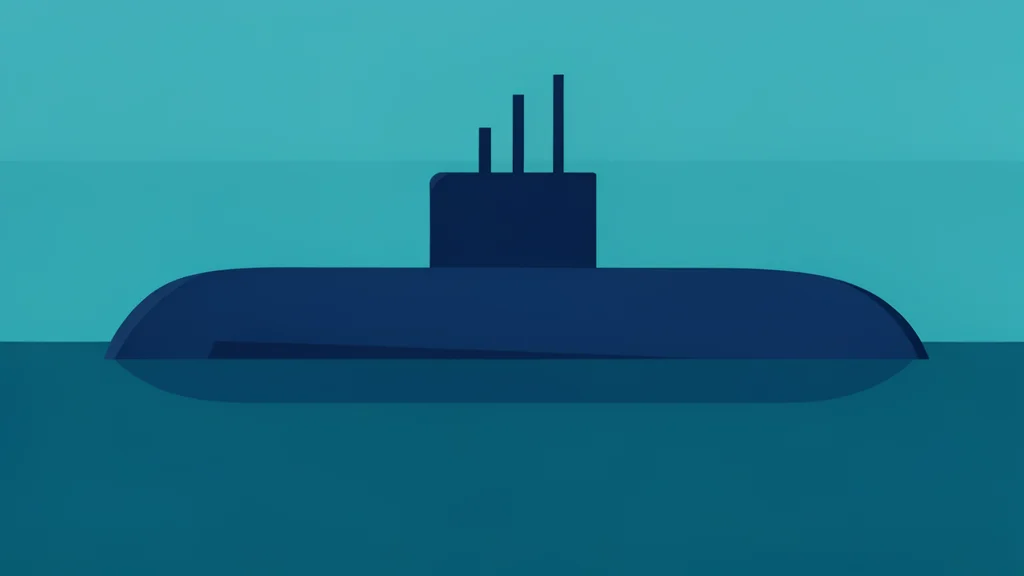 A sleek, dark blue submarine hull partially submerged in calm, deep water