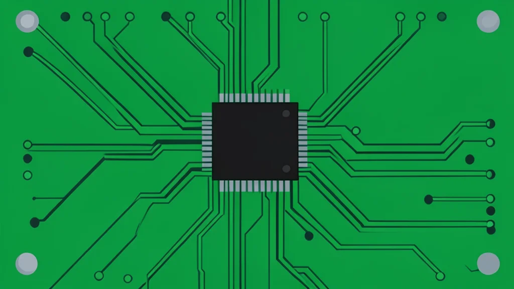A close-up view of a green printed circuit board with intricate copper traces and a central black integrated circuit chip.