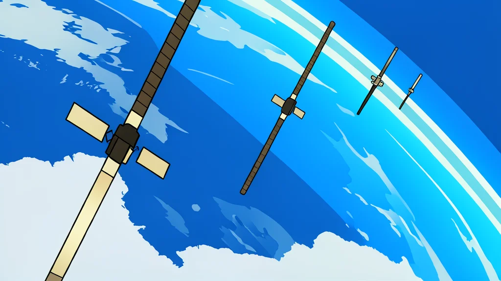 A cluster of small, boxy satellites with solar panels floating in the blackness of space above a curved blue horizon