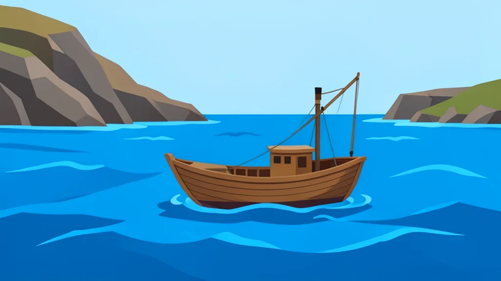 A small wooden fishing boat floating on choppy blue sea water near a rocky coastline