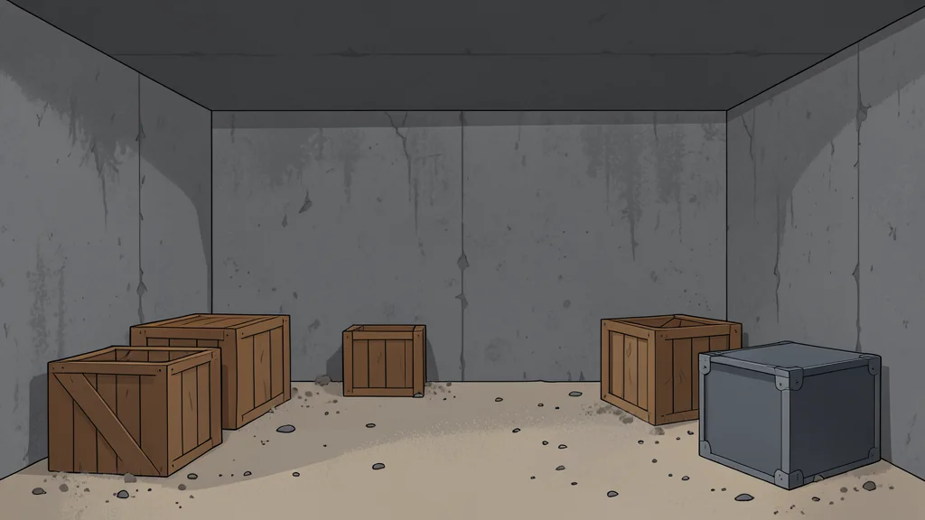 A dusty, abandoned concrete basement with scattered crates and debris