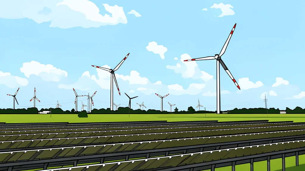 A field of large, tilted solar panels under a bright blue sky with wind turbines in the distance