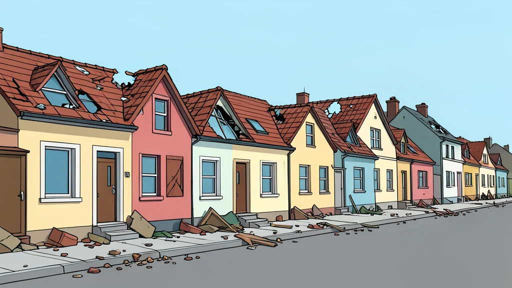 A row of residential houses with damaged roofs and scattered debris in a quiet street