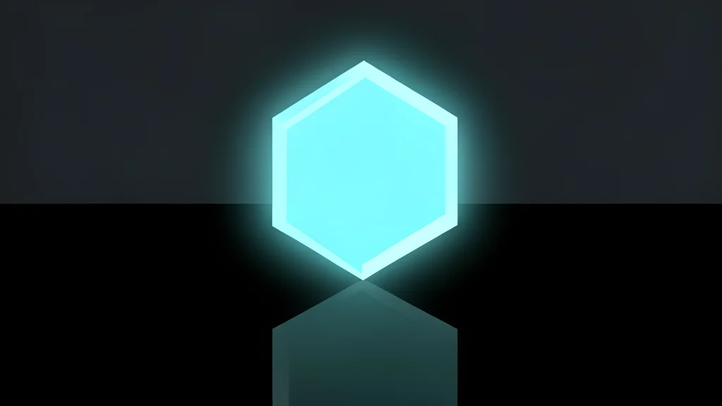 A glowing, translucent hexagonal crystal floating above a dark, reflective surface.