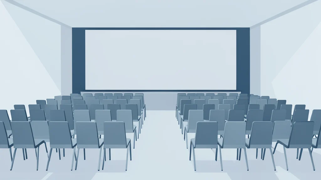 A minimalist vector illustration of a large, modern conference hall with rows of empty chairs facing a central stage, rendered in cool blue and grey tones.